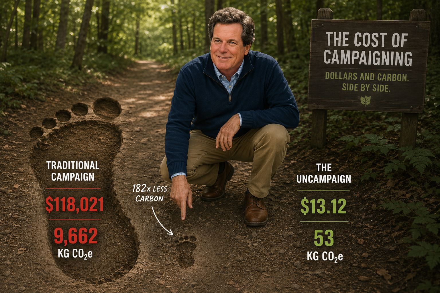 Don Scott on a Bedford trail comparing the large footprint of a traditional campaign with the smaller footprint of the UNCAMPAIGN.