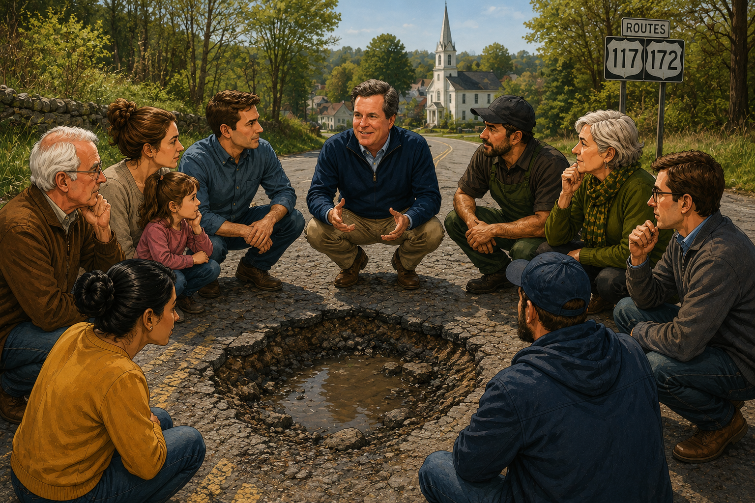 Illustrated civic roundtable discussion around a Bedford pothole and state-road accountability